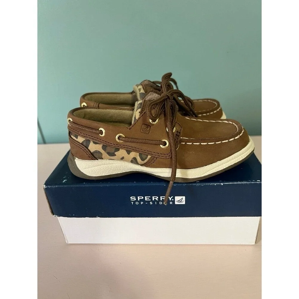 Sperry Top-Sider Girls Leopard Print Brown Boat Shoes Lace Up Comfort Size 9M